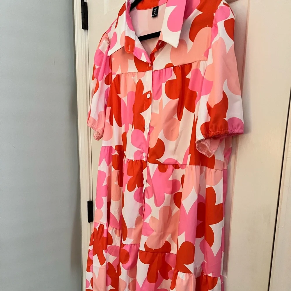 Shein White Dress with Pink & Red Flowers